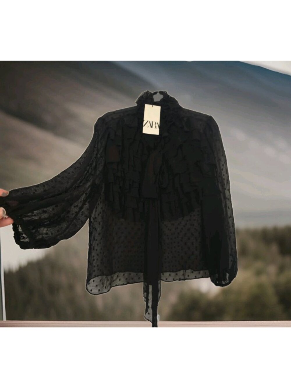 Victorian Vibe black lace ruffle blouse Button front Tie neck Sheer ZARA New XL